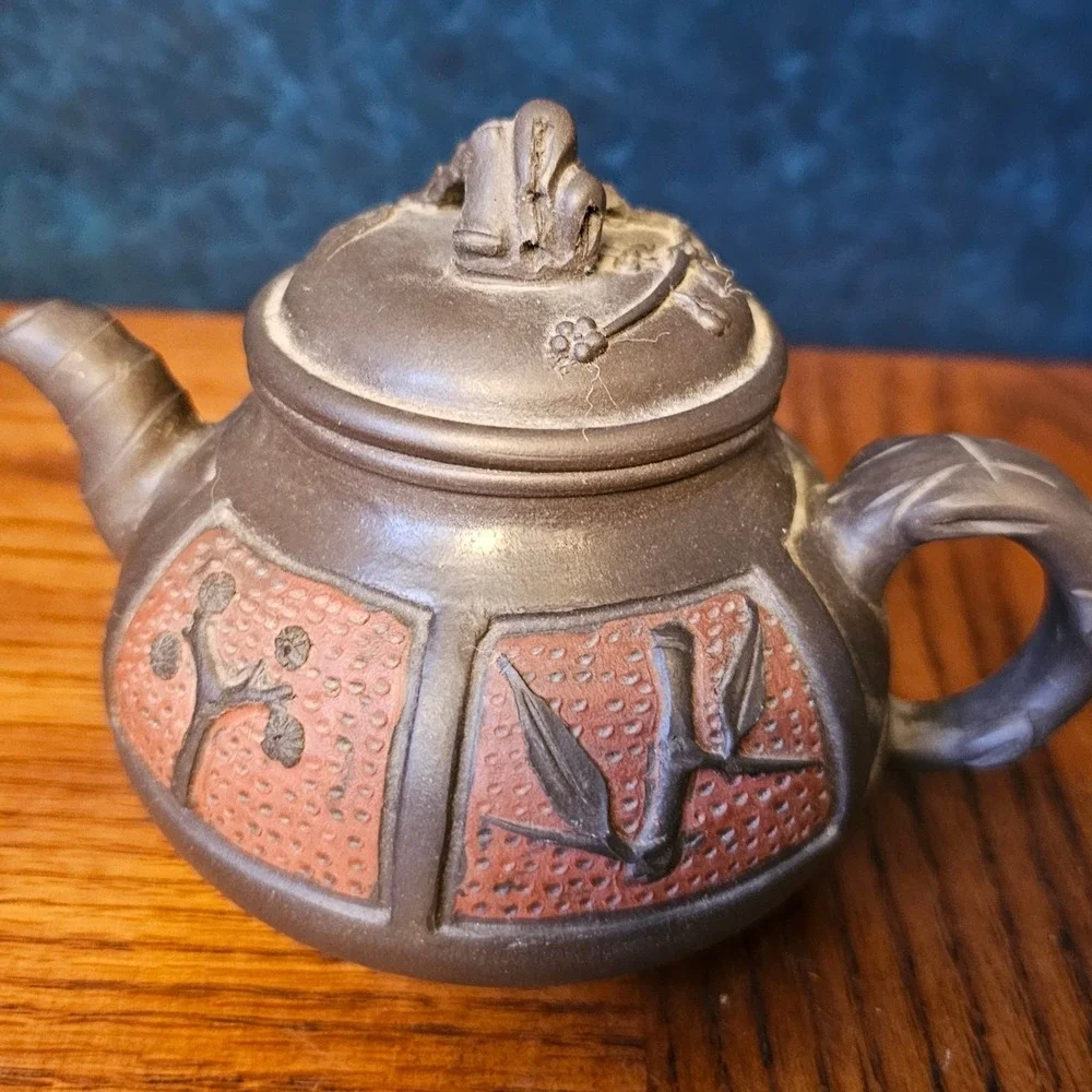 Vintage Yixing Zisha Clay Teapot Bamboo Plum Blossom Relief Purple Clay Teaware